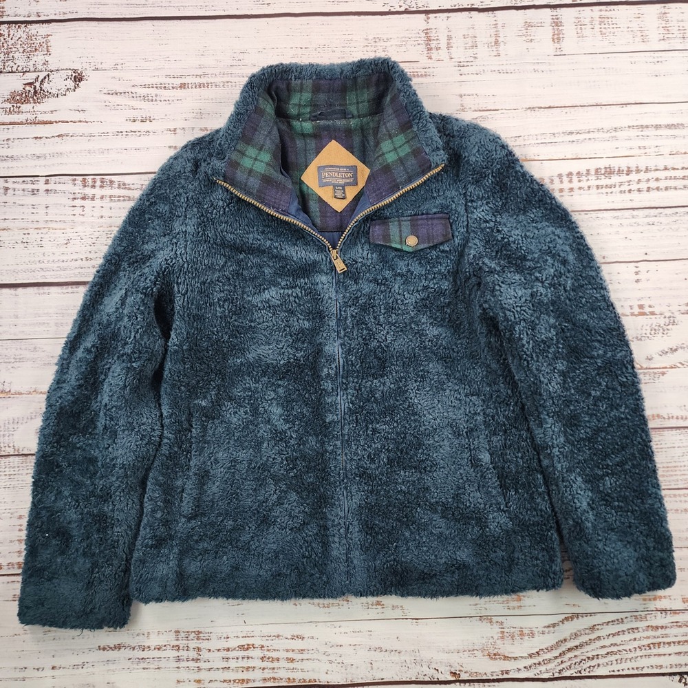 Pendleton High Pile Fleece Jacket Womens Small Full Zip Plaid Collar